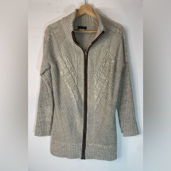 5 for $25🔥Venus Cream Knit Vegan Leather Zip Front Tunic Sweater Medium - Picture 1 of 6